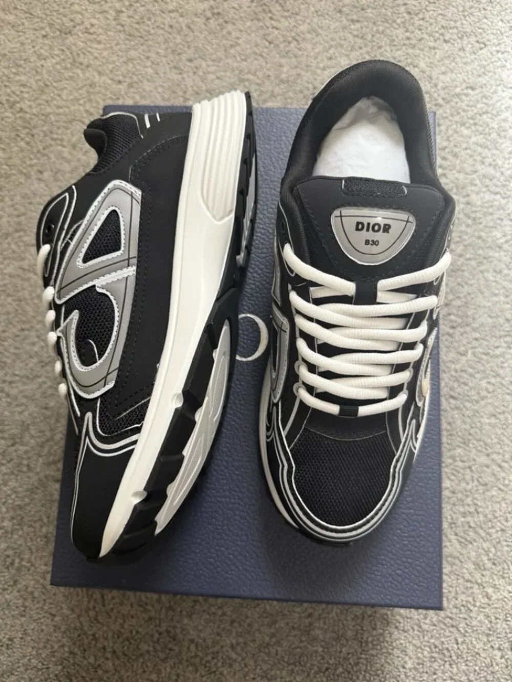 Dior B30 Microfiber Mesh Sneakers Black Silver White Low Top Athletic Shoes - Picture 3 of 4